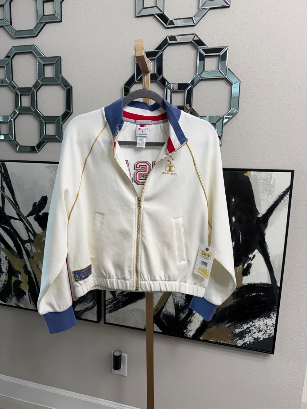 Champion Cream Bomber Jacket with Blue Trim